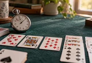 Playing cards on green felt beside an analogue stopwatch