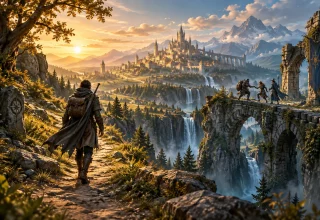 A solo adventurer and a group of friends follow paths through a fantasy landscape.