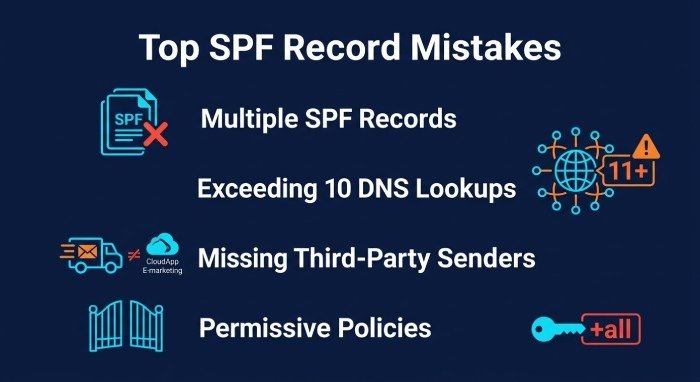 Common SPF mistakes: multiple records, too many DNS lookups, missing senders and permissive policies