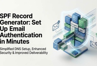 SPF record generator illustration with email servers, a shield and DNS record blocks