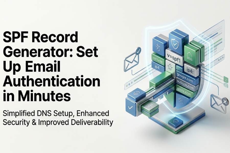 SPF record generator illustration with email servers, a shield and DNS record blocks