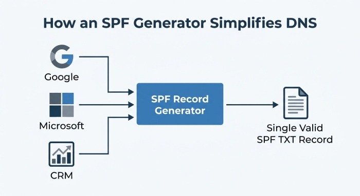 Google, Microsoft and CRM sender details combined by an SPF record generator into one SPF TXT record