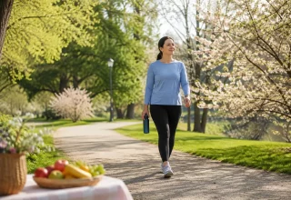 Woman walking through a sunlit park in spring while carrying a water bottle
