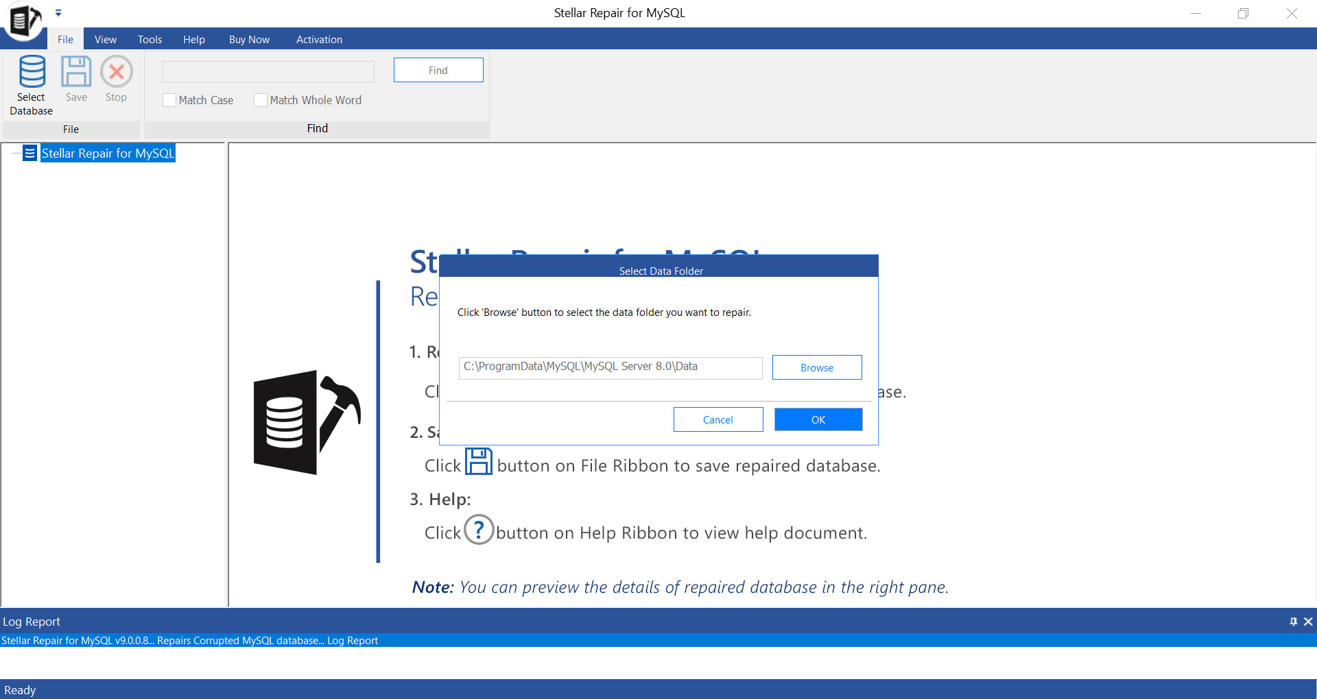 Browsing to the MySQL data folder in Stellar Repair for MySQL