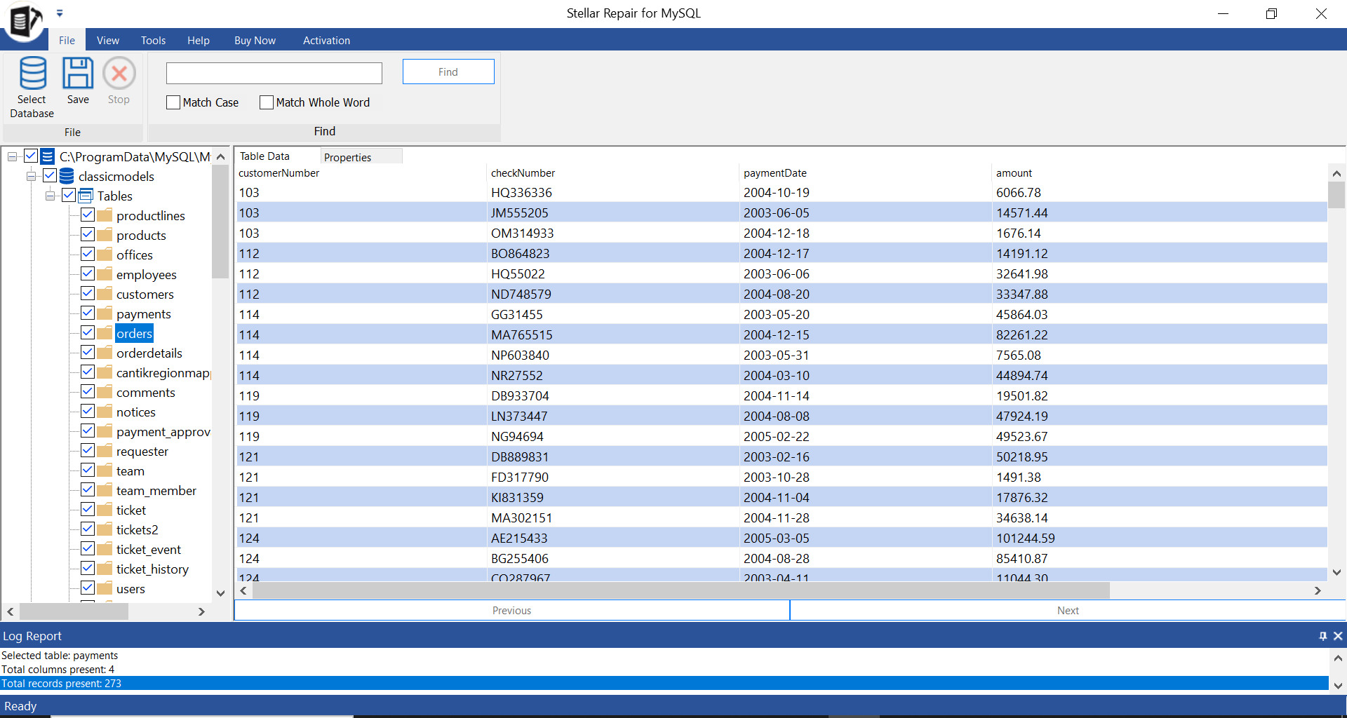 Previewing recovered MySQL tables and rows