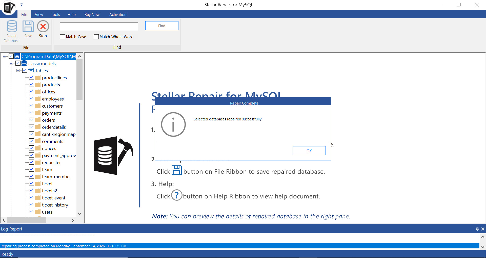 Stellar Repair for MySQL repair scan progress