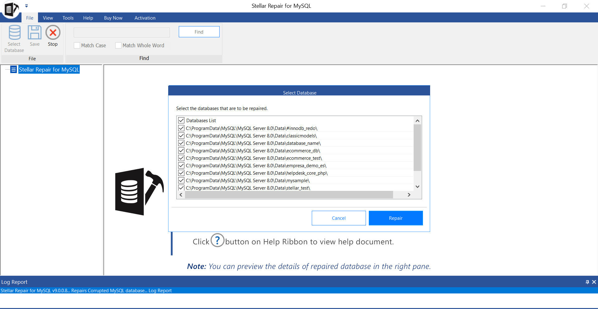 Selecting a damaged MySQL database for repair