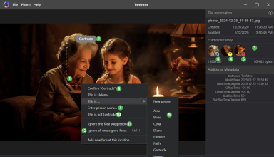 Tonfotos interface showing a detected face and options to confirm or correct the person's name.