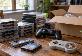 Retro video game cartridges, disc cases and controllers beside an open shipping box.