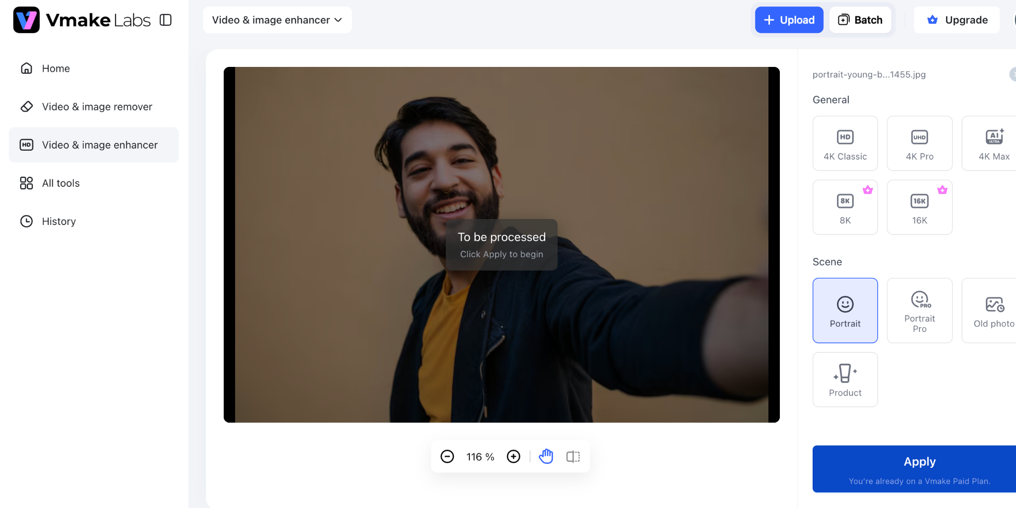 Vmake image enhancer with Portrait mode selected for a selfie