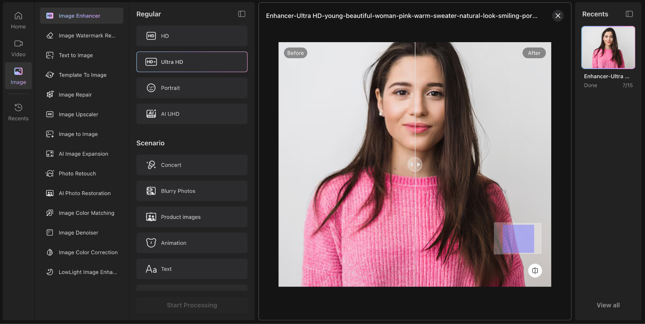 Wink Ultra HD image enhancer showing a portrait before and after enhancement