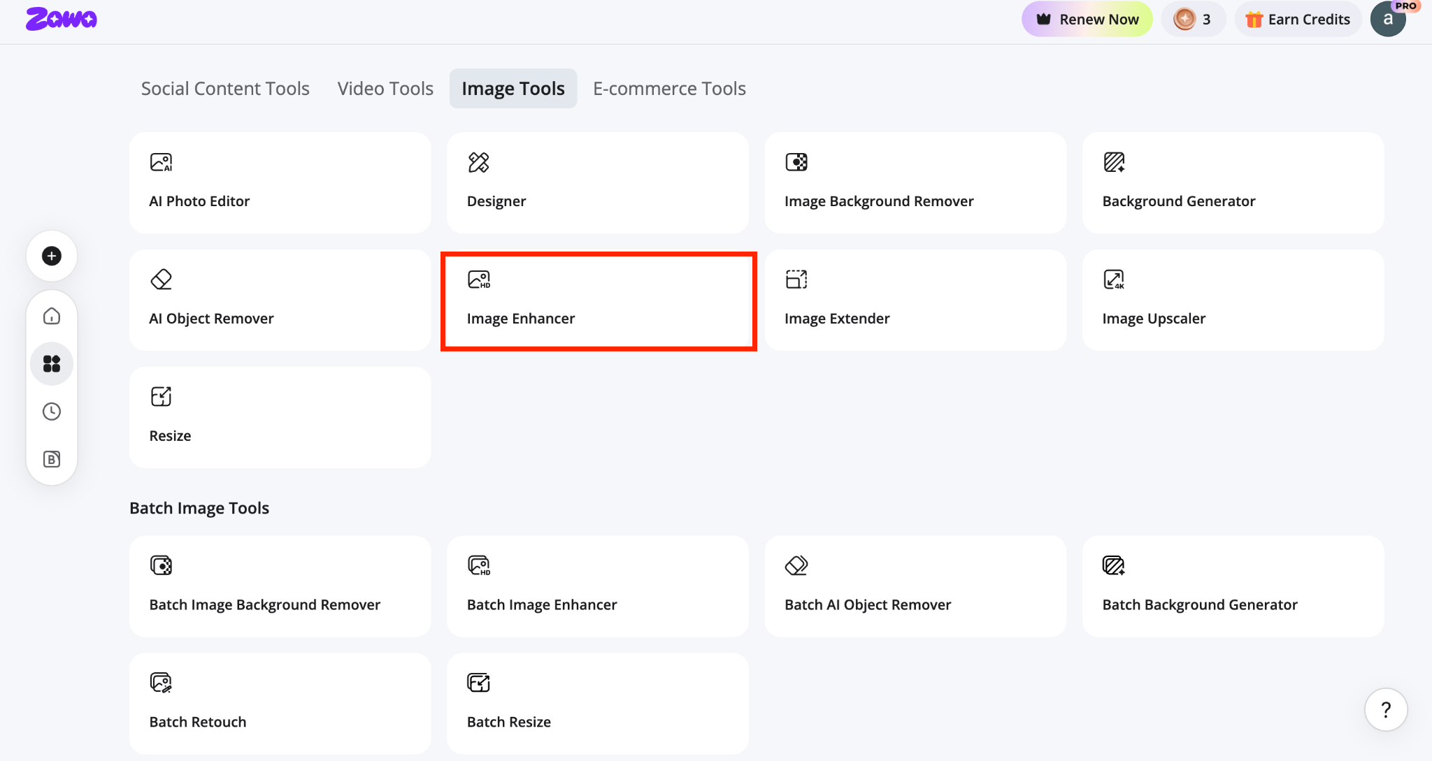 Zawa image tools dashboard with Image Enhancer highlighted