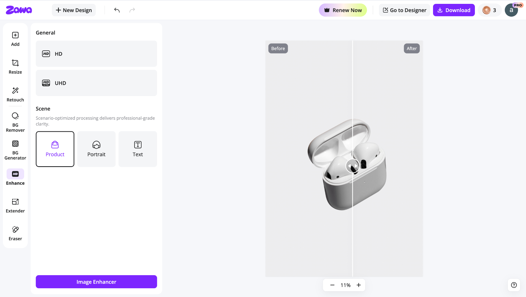 Zawa Product mode showing an AirPods photo before and after enhancement