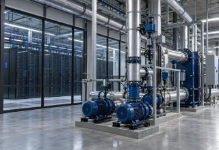 Cooling pipes and circulation pumps beside data center server racks
