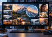 Conceptual monitor displaying a photo gallery with a digital image-analysis overlay