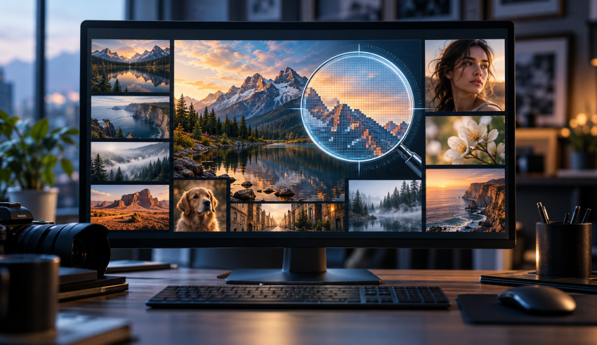 Conceptual monitor displaying a photo gallery with a digital image-analysis overlay