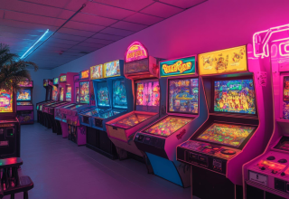 Arcade and pinball machines under pink and blue neon lighting.
