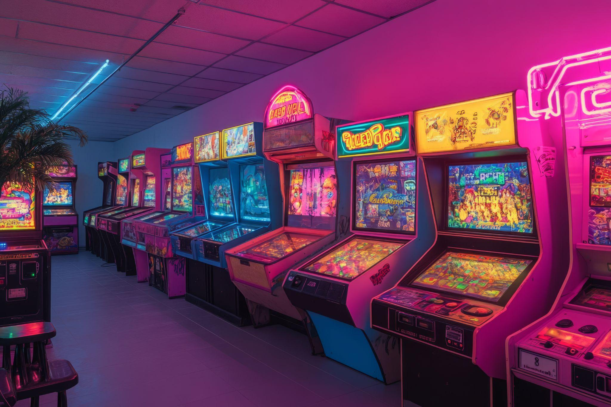 Arcade and pinball machines under pink and blue neon lighting.