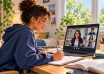 Illustration of a student joining an online high-school class from home.