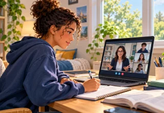 Illustration of a student joining an online high-school class from home.