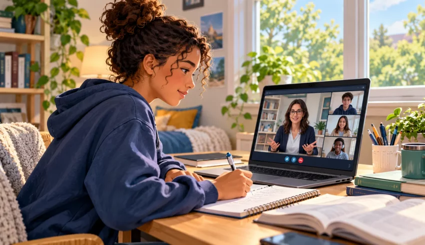 Illustration of a student joining an online high-school class from home.