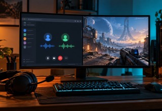 A PC gaming monitor displaying browser voice chat beside a separate game window.