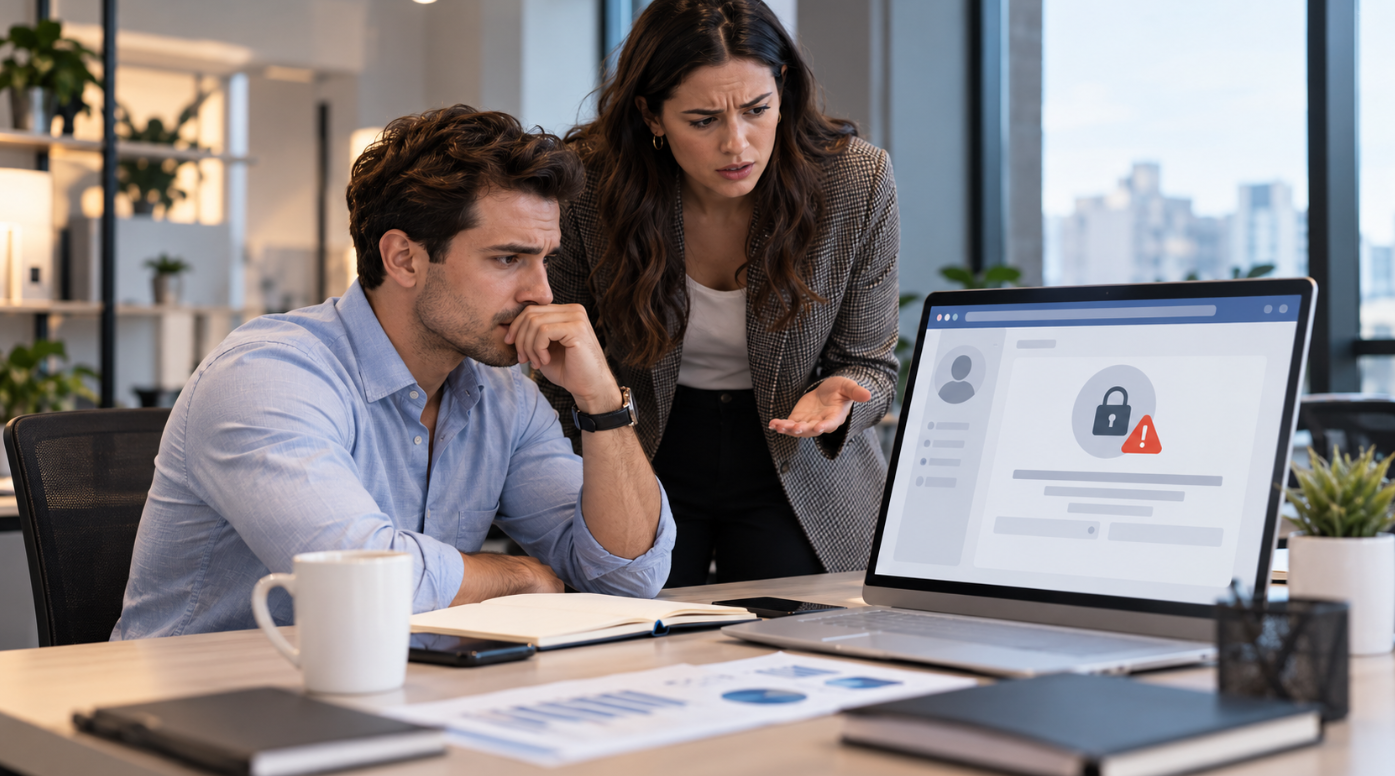 Two colleagues looking at a locked social media account on a laptop
