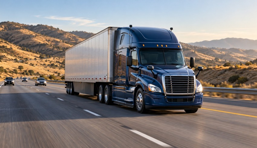 Blue semi-truck with a silver trailer traveling along a highway through dry hills.