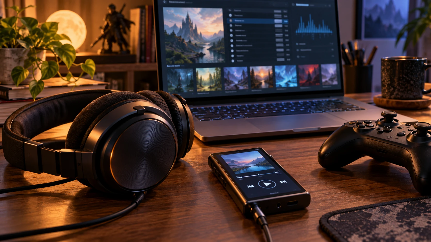Headphones, a portable music player and a game controller beside a laptop showing an illustrated soundtrack library.