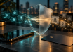 Smartphone and payment card beneath a glass privacy shield with abstract data trails.
