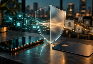 Smartphone and payment card beneath a glass privacy shield with abstract data trails.