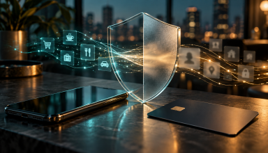 Smartphone and payment card beneath a glass privacy shield with abstract data trails.
