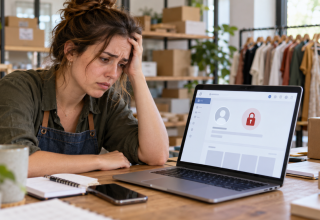 Business owner looking at a locked social media account on a laptop