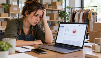 Business owner looking at a locked social media account on a laptop