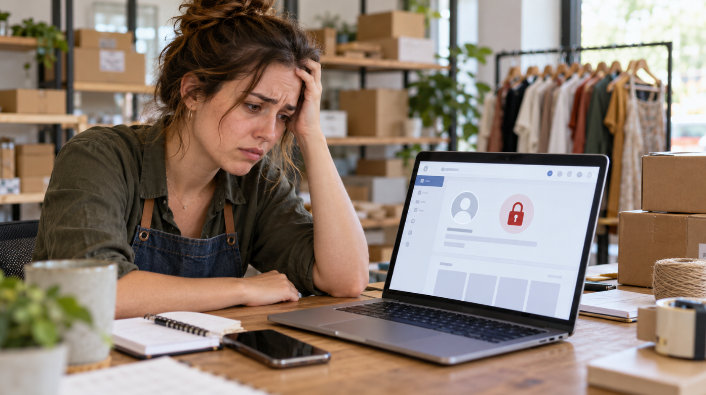Business owner looking at a locked social media account on a laptop