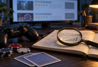 Game controller, poker chips and a magnifying glass over review notes on a desk.