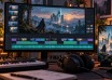 Game soundtrack editing timeline with widescreen fantasy visuals and a matching vertical video on a smartphone
