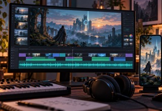 Game soundtrack editing timeline with widescreen fantasy visuals and a matching vertical video on a smartphone