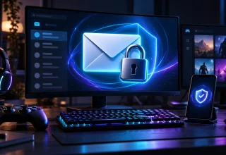 Concept illustration of a locked email inbox beside gaming equipment and an authenticator phone.