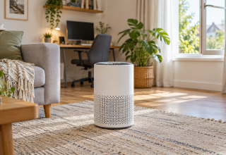 Portable air purifier in a bright living room with a home computer desk