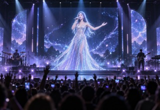 Illustration of a digital singer displayed on a concert stage with live musicians and an audience