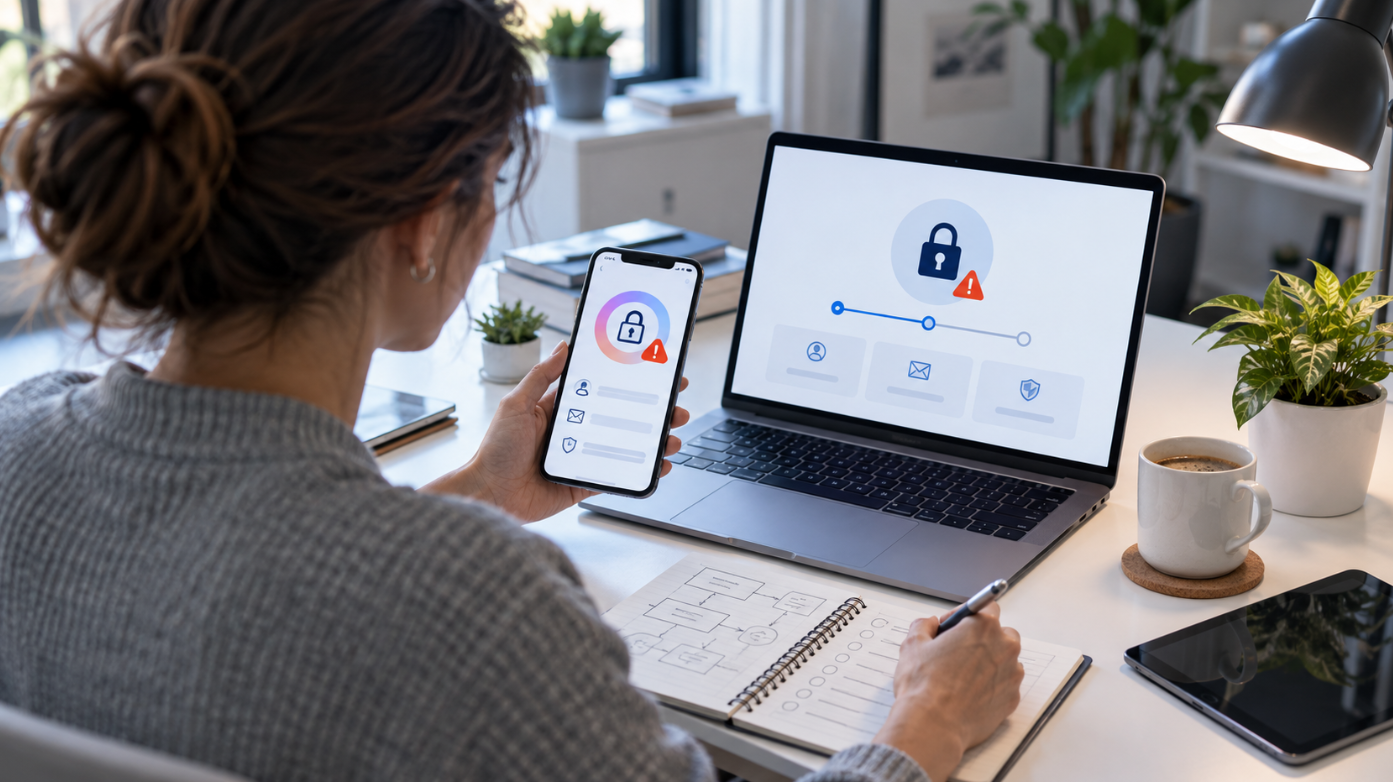 Business owner checking account security on a phone and laptop