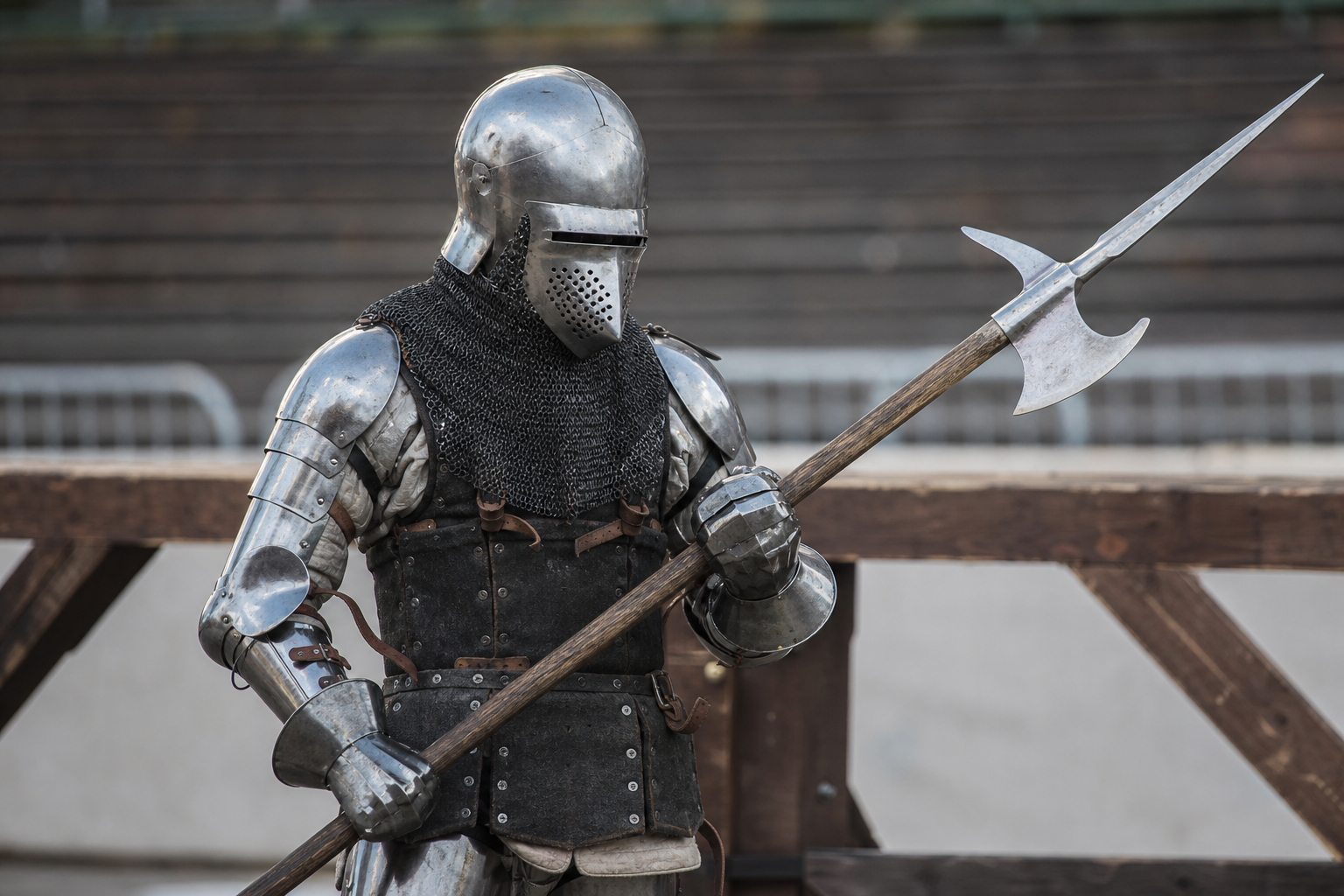 Fighter wearing plate and mail armor and holding a polearm outdoors
