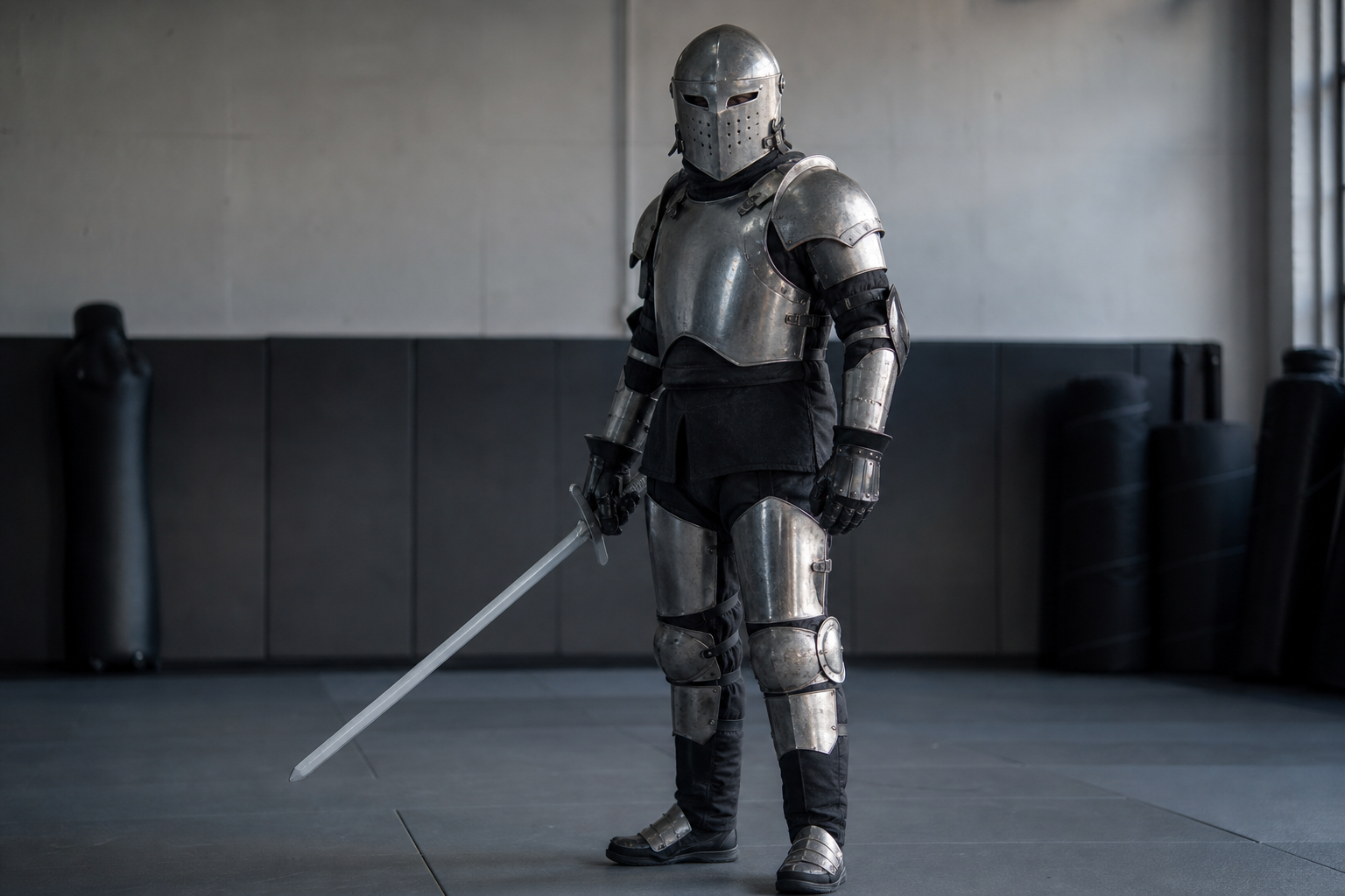 Fighter wearing plate armor and holding a sword in an indoor training space