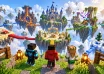Three blocky players overlooking floating islands, bridges and a Minecraft-style minigame arena