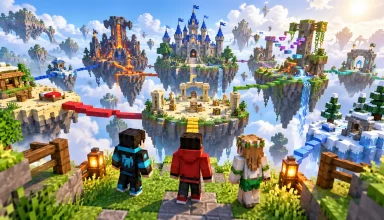 Three blocky players overlooking floating islands, bridges and a Minecraft-style minigame arena