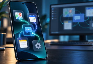 Conceptual illustration of a mobile AI agent connecting maps, calendar, messaging, notes and settings on a smartphone