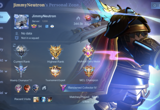 Mobile Legends: Bang Bang profile showing current rank, highest rank and Mythical Glory medals.