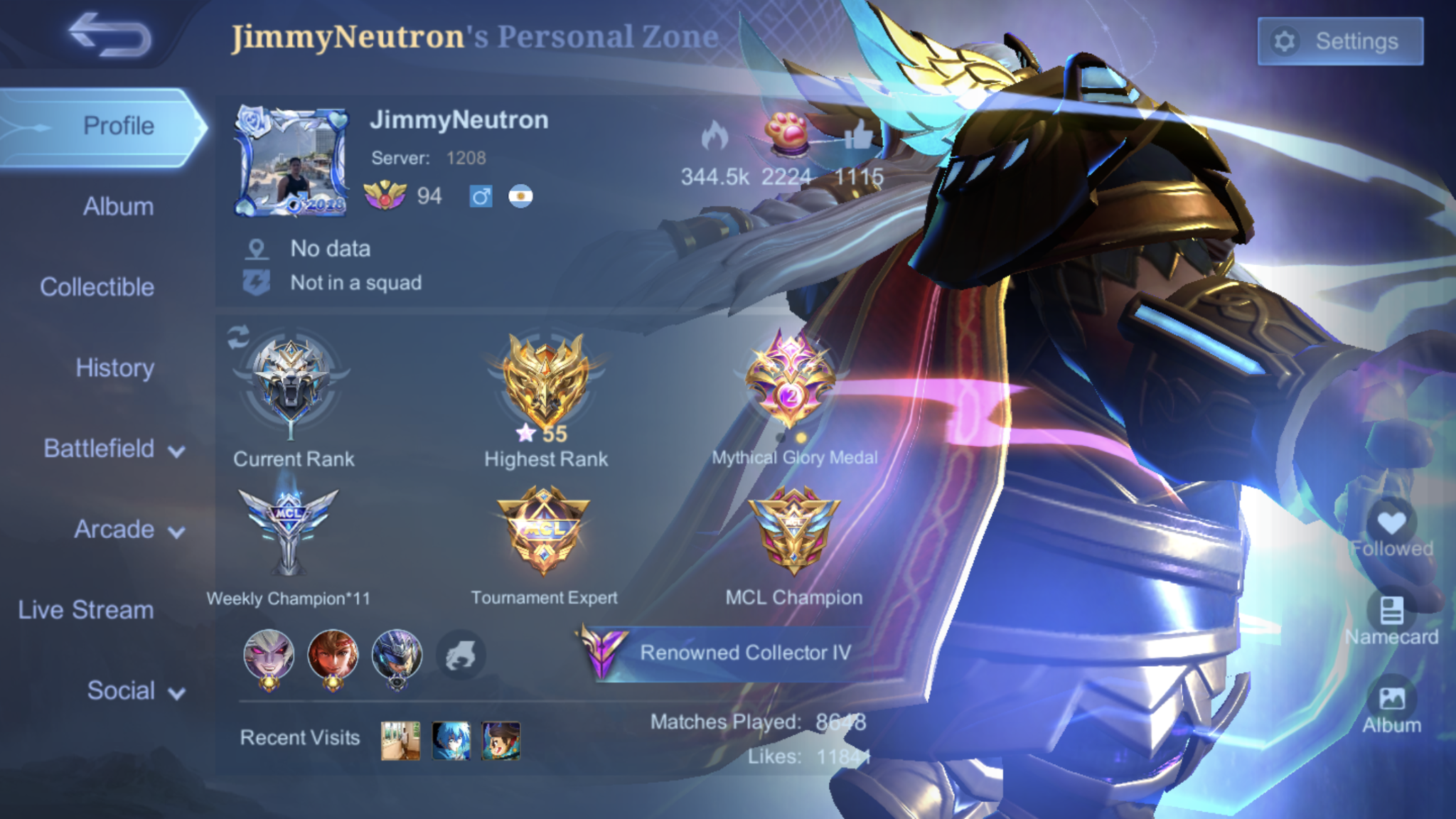 Mobile Legends: Bang Bang profile showing current rank, highest rank and Mythical Glory medals.