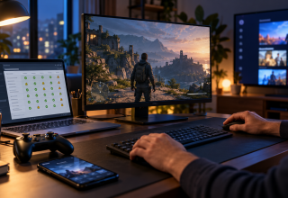 Functional testing workspace with a game on a monitor, streaming TV interface and software test results on a laptop